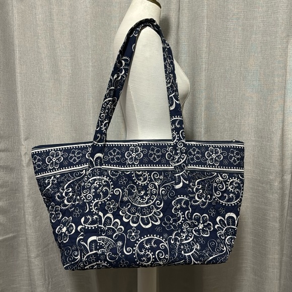 Cotton Cloth Tote-Blue/White-EUC-ZipTop - Picture 2 of 16